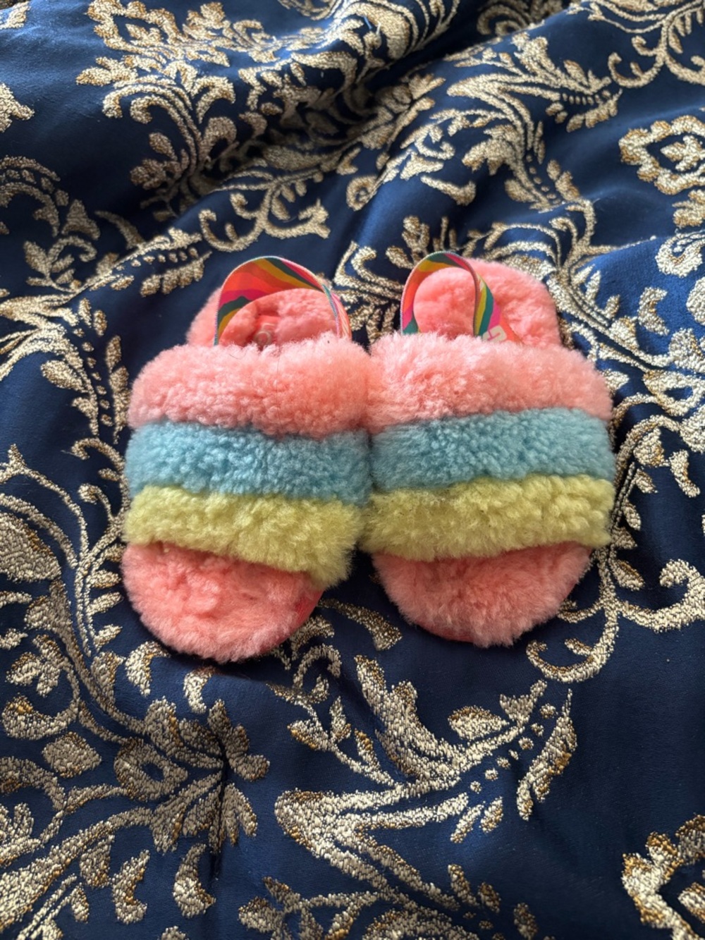 UGG Pastel Pink Shearling Slide with Rainbow Strap